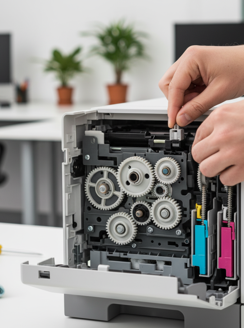 Technician repairing a modern office copier, close-up of hands fixing the control panel and internal parts in a bright office setting.